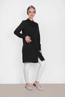 Tesettür giyim SİYAH ALVİNA BEL KISMI BÜZGÜLÜ BAĞCIKLI TUNİK 4419