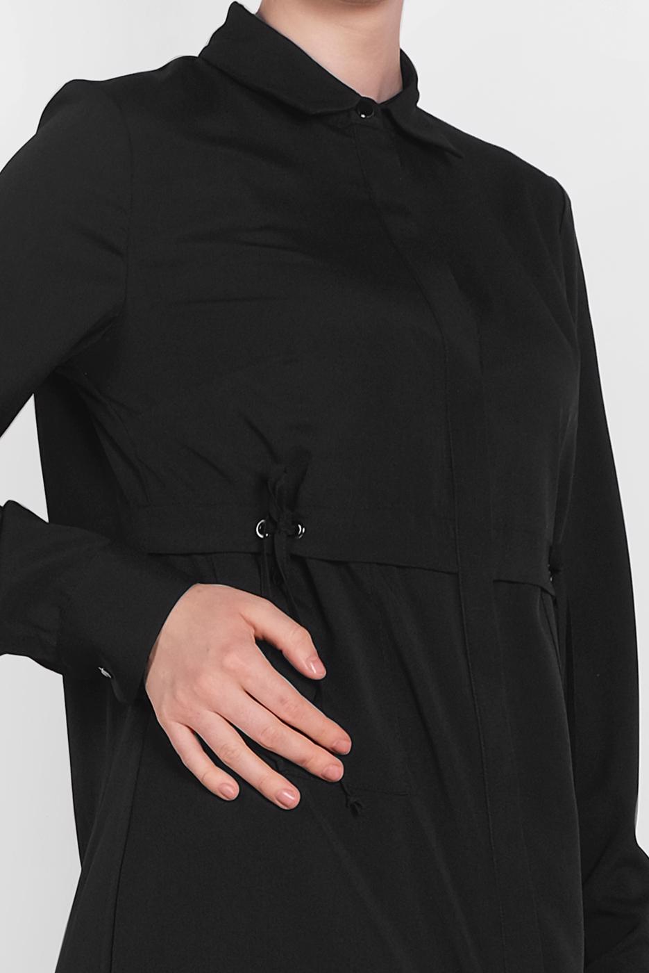 Tesettür giyim SİYAH ALVİNA BEL KISMI BÜZGÜLÜ BAĞCIKLI TUNİK 4419