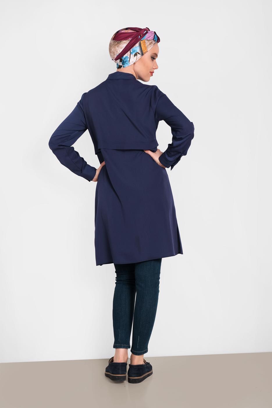 Tesettür giyim LACİVERT ALVİNA BEL KISMI BÜZGÜLÜ BAĞCIKLI TUNİK 4419