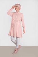 Tesettür giyim PUDRA ALVİNA BEL KISMI BÜZGÜLÜ BAĞCIKLI TUNİK 4419