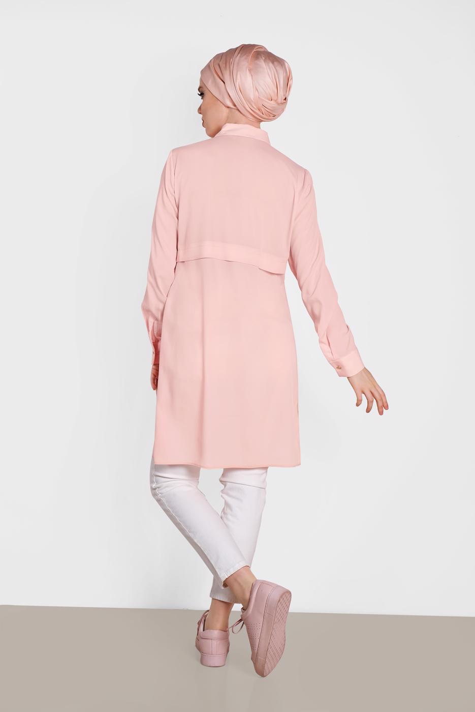 Tesettür giyim PUDRA ALVİNA BEL KISMI BÜZGÜLÜ BAĞCIKLI TUNİK 4419