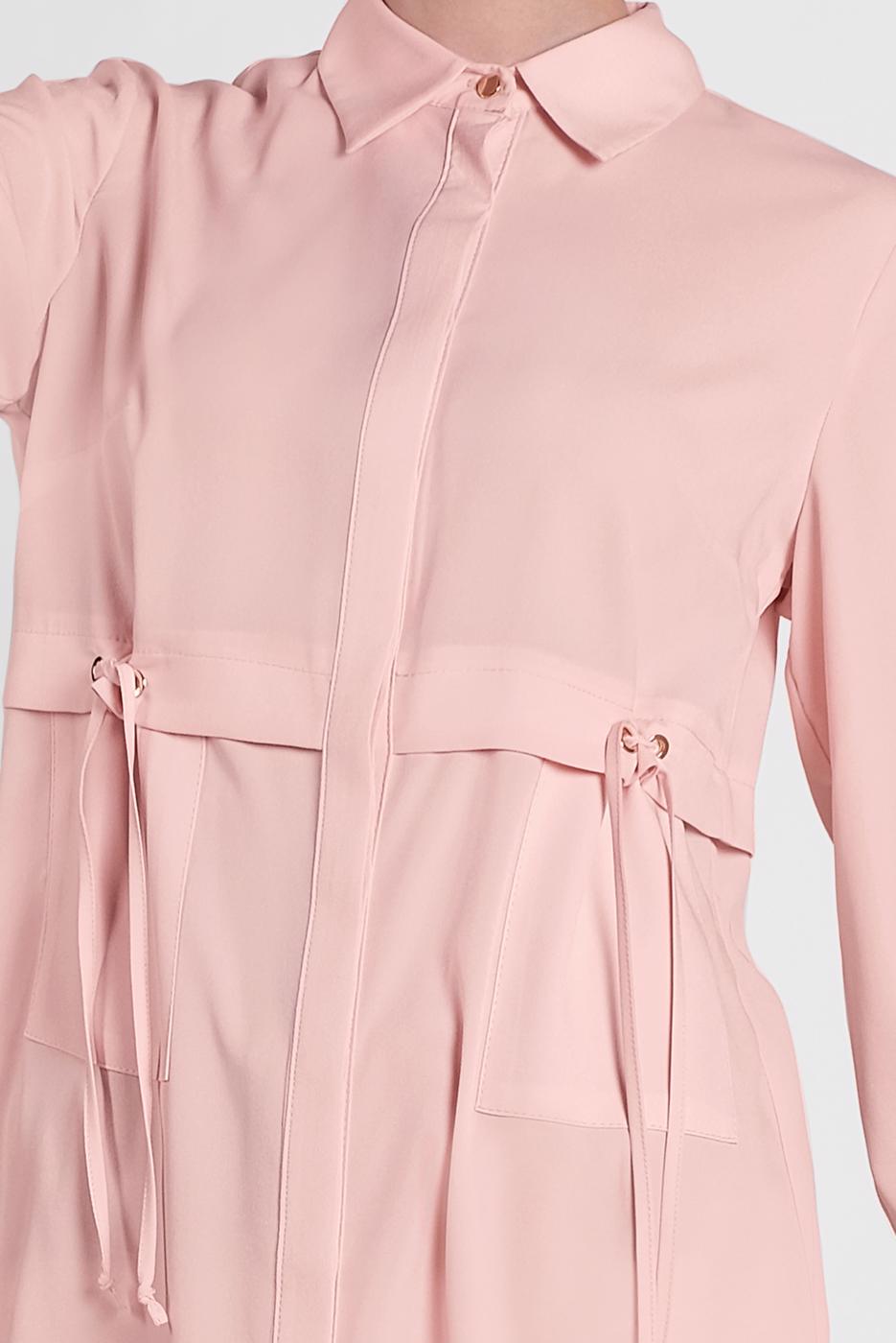 Tesettür giyim PUDRA ALVİNA BEL KISMI BÜZGÜLÜ BAĞCIKLI TUNİK 4419