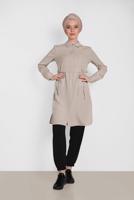 Tesettür giyim KUM ALVİNA BEL KISMI BÜZGÜLÜ BAĞCIKLI TUNİK 4419