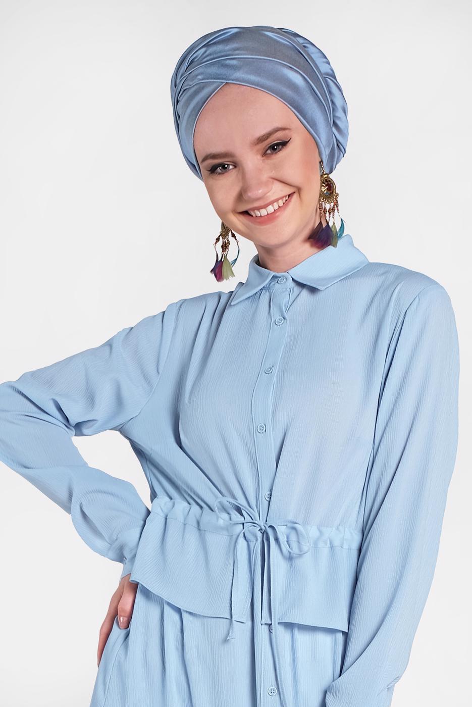 Tesettür giyim MAVİ ALVİNA BELDEN BÜZGÜLÜ UZUN TUNİK 4424