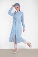 Tesettür giyim MAVİ ALVİNA BELDEN BÜZGÜLÜ UZUN TUNİK 4424