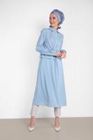 Tesettür giyim MAVİ ALVİNA BELDEN BÜZGÜLÜ UZUN TUNİK 4424