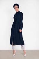 Tesettür giyim LACİVERT ALVİNA BELDEN BÜZGÜLÜ UZUN TUNİK 4424