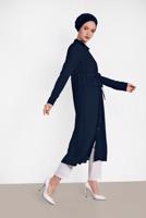 Tesettür giyim LACİVERT ALVİNA BELDEN BÜZGÜLÜ UZUN TUNİK 4424