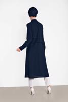 Tesettür giyim LACİVERT ALVİNA BELDEN BÜZGÜLÜ UZUN TUNİK 4424