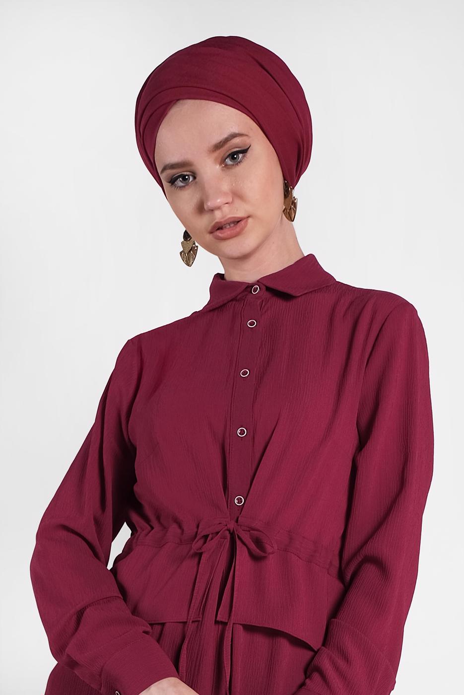 Tesettür giyim BORDO ALVİNA BELDEN BÜZGÜLÜ UZUN TUNİK 4424