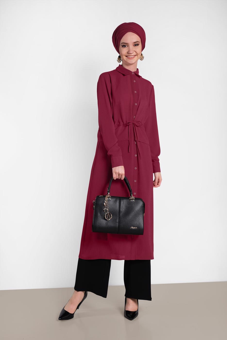 Tesettür giyim BORDO ALVİNA BELDEN BÜZGÜLÜ UZUN TUNİK 4424