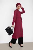 Tesettür giyim BORDO ALVİNA BELDEN BÜZGÜLÜ UZUN TUNİK 4424