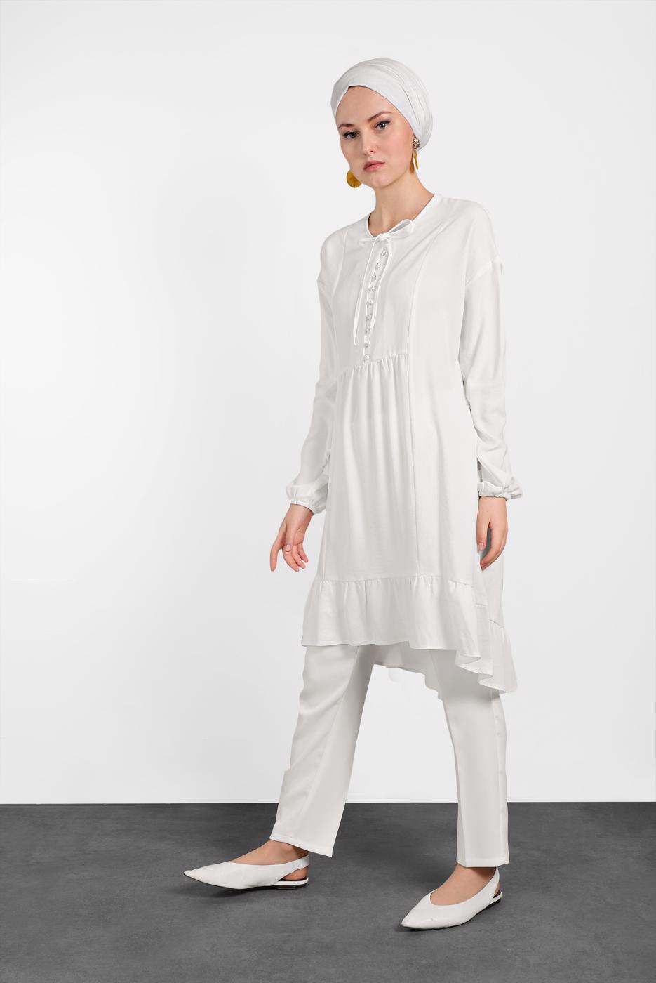 Tesettür giyim KREM ALVİNA ETEK UCU FIRFIRLI TUNİK 4426