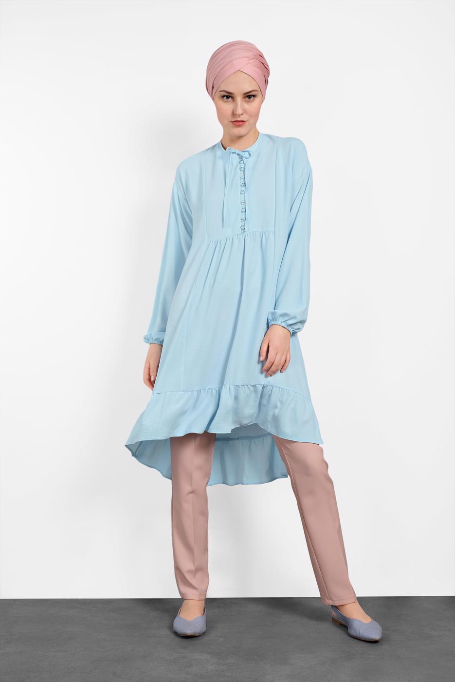 Tesettür giyim MAVİ ALVİNA ETEK UCU FIRFIRLI TUNİK 4426