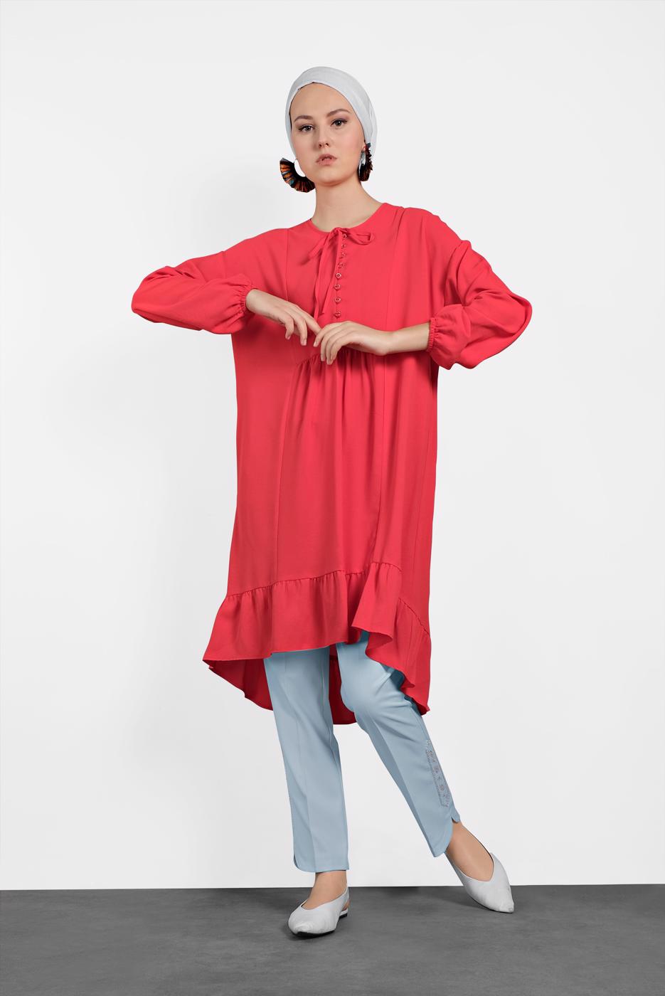 Tesettür giyim KIRMIZI ALVİNA ETEK UCU FIRFIRLI TUNİK 4426