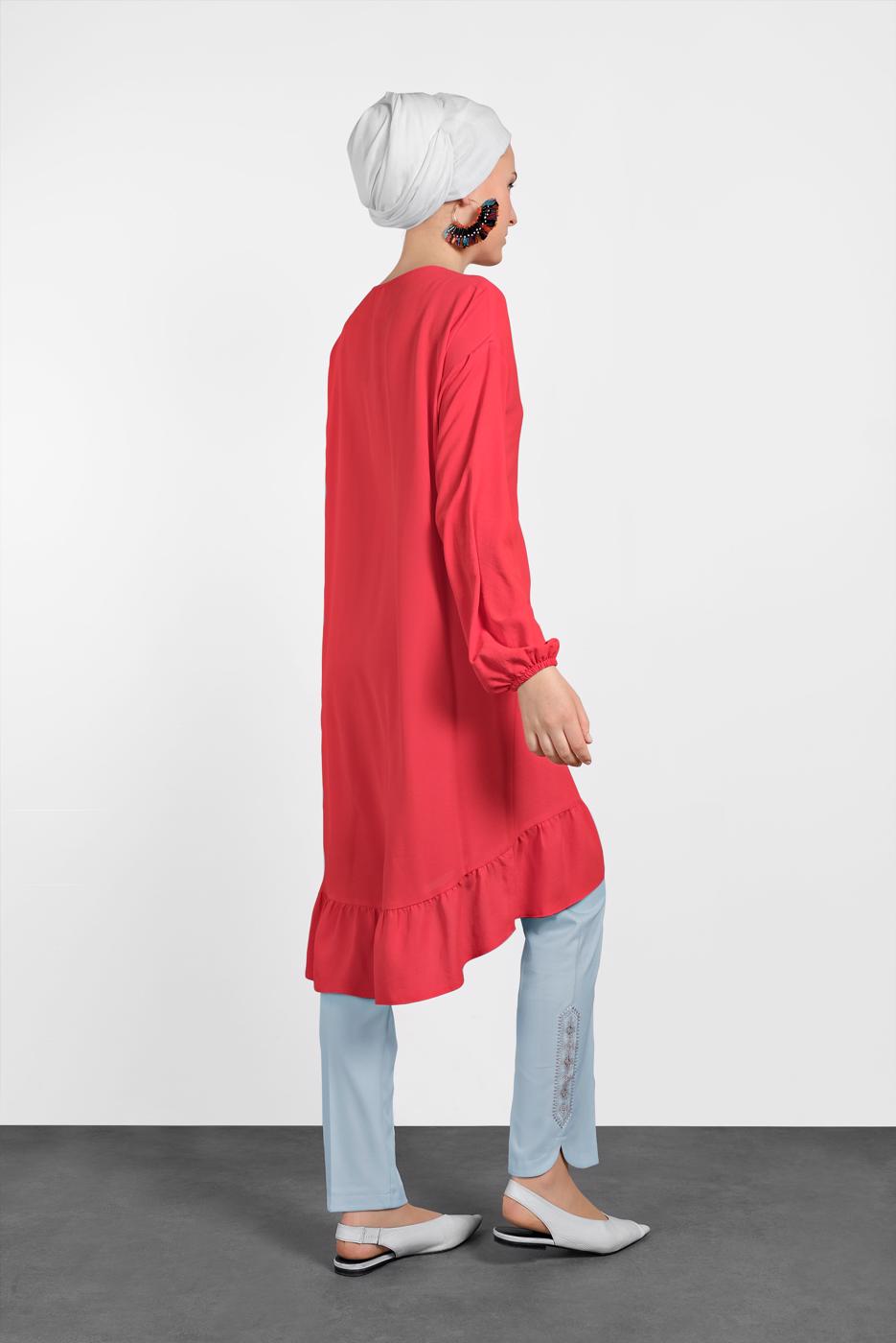Tesettür giyim KIRMIZI ALVİNA ETEK UCU FIRFIRLI TUNİK 4426
