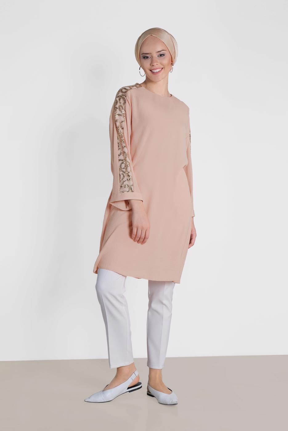 Tesettür giyim PUDRA ALVİNA KOL KISMI PULLU TUNİK 4432