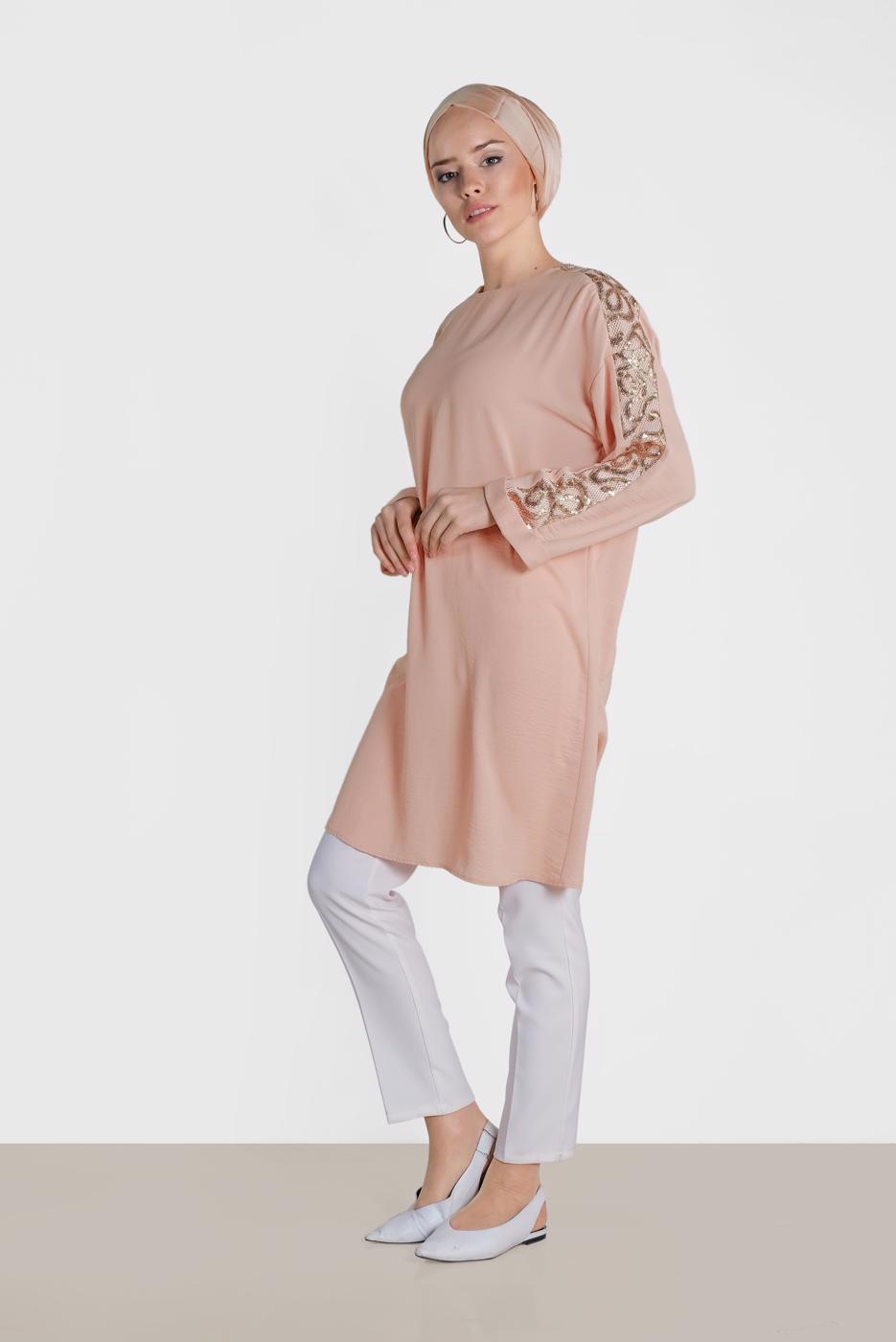 Tesettür giyim PUDRA ALVİNA KOL KISMI PULLU TUNİK 4432
