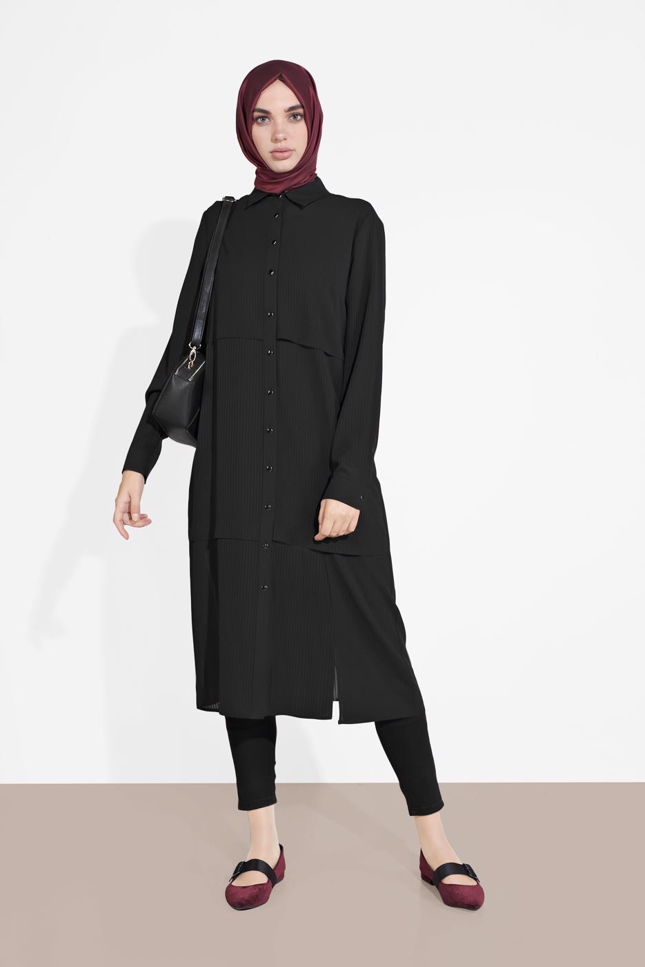 Tesettür giyim SİYAH BOYDAN DÜĞMELİ ŞİFON TUNİK T 4434 