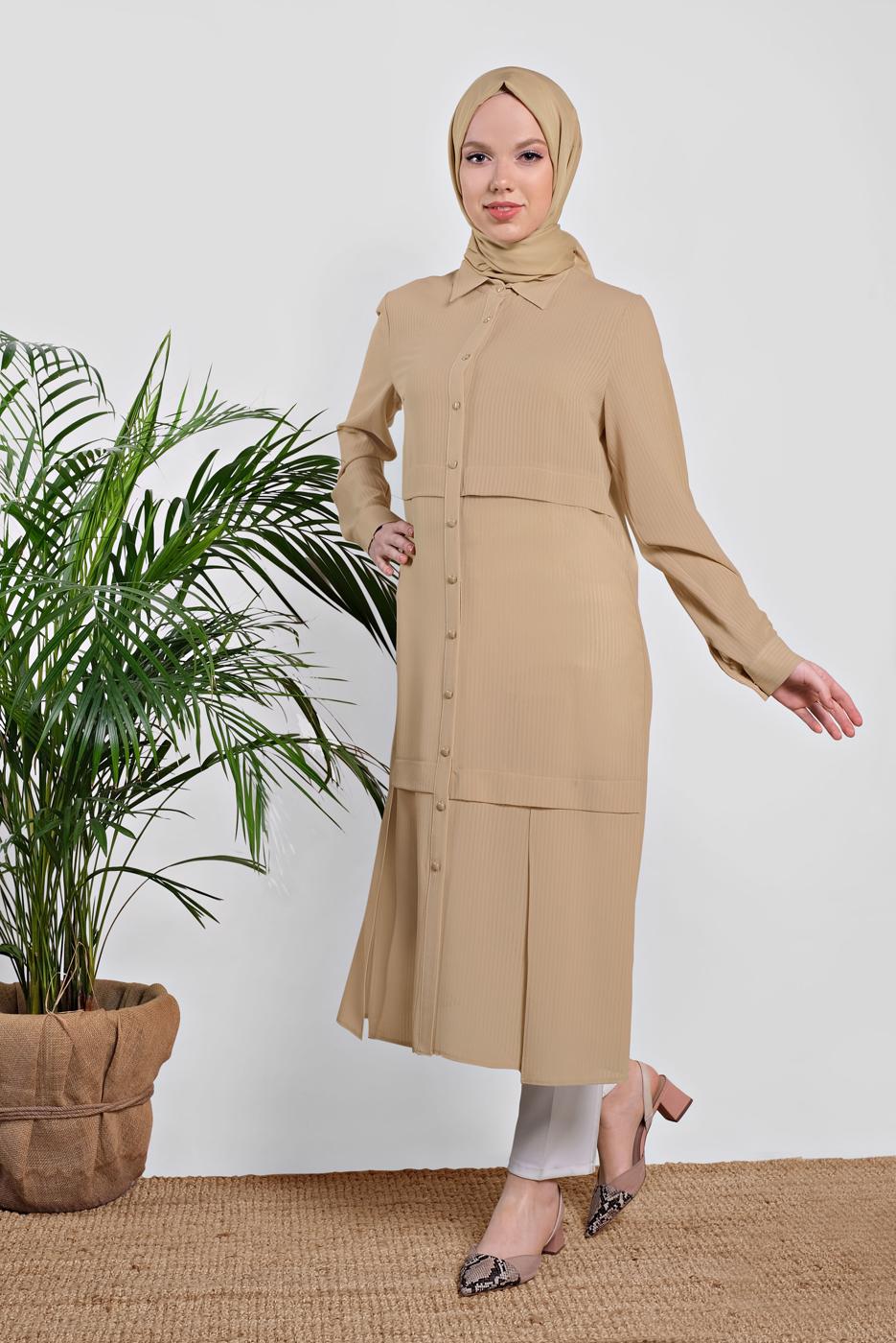 Tesettür giyim BEJ BOYDAN DÜĞMELİ ŞİFON TUNİK T 4434 