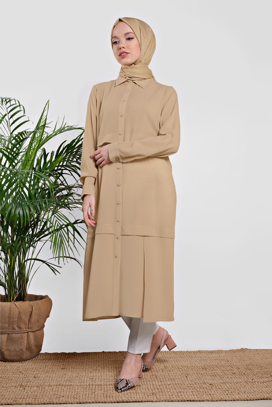 Tesettür giyim BEJ BOYDAN DÜĞMELİ ŞİFON TUNİK T 4434 