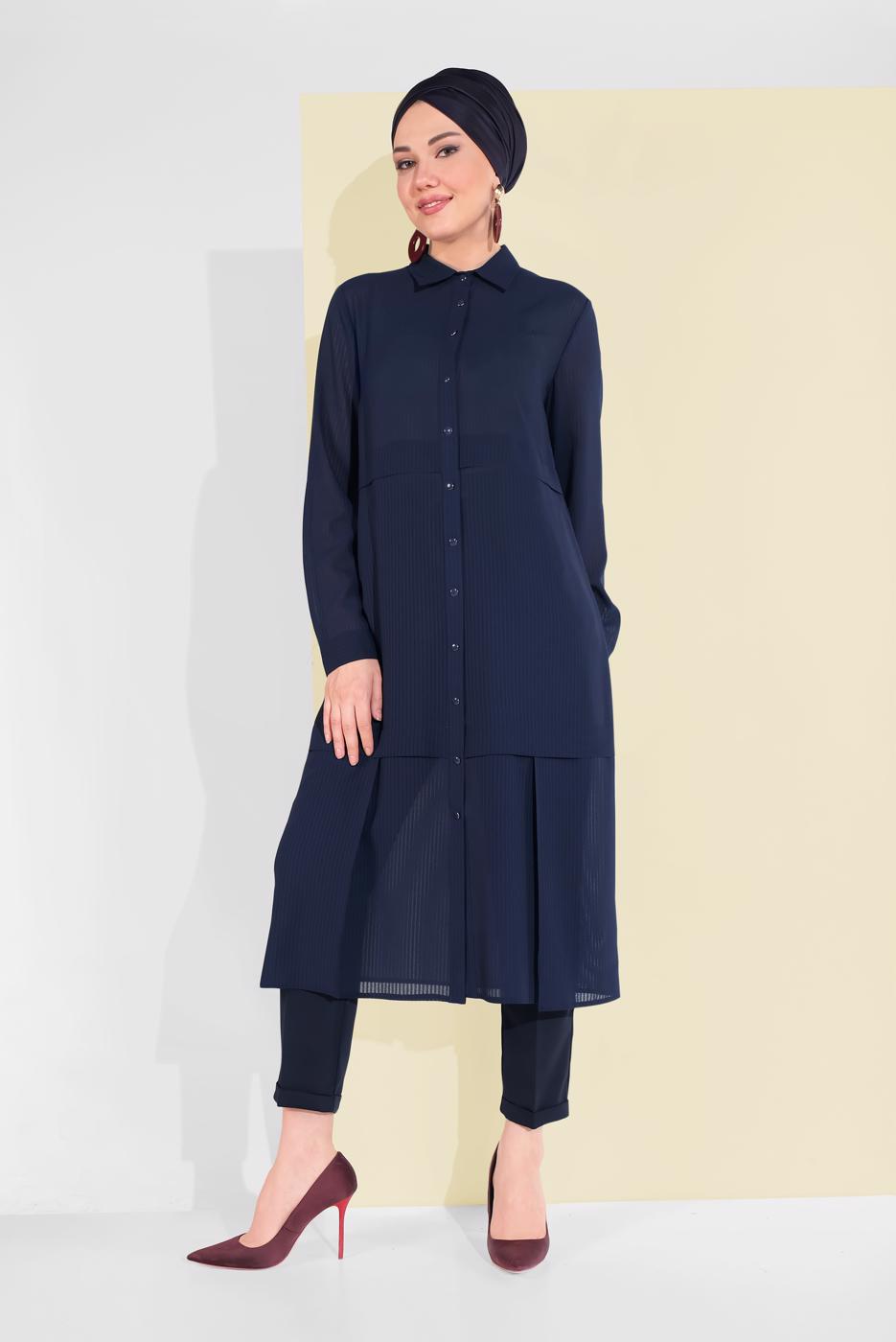 Tesettür giyim LACİVERT BOYDAN DÜĞMELİ ŞİFON TUNİK T 4434 