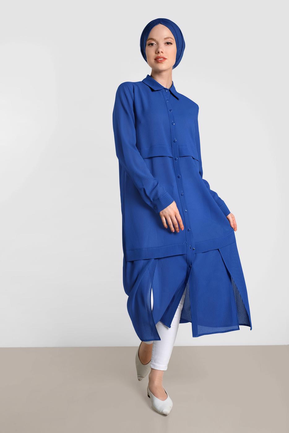 Tesettür giyim LACİVERT BOYDAN DÜĞMELİ ŞİFON TUNİK T 4434 