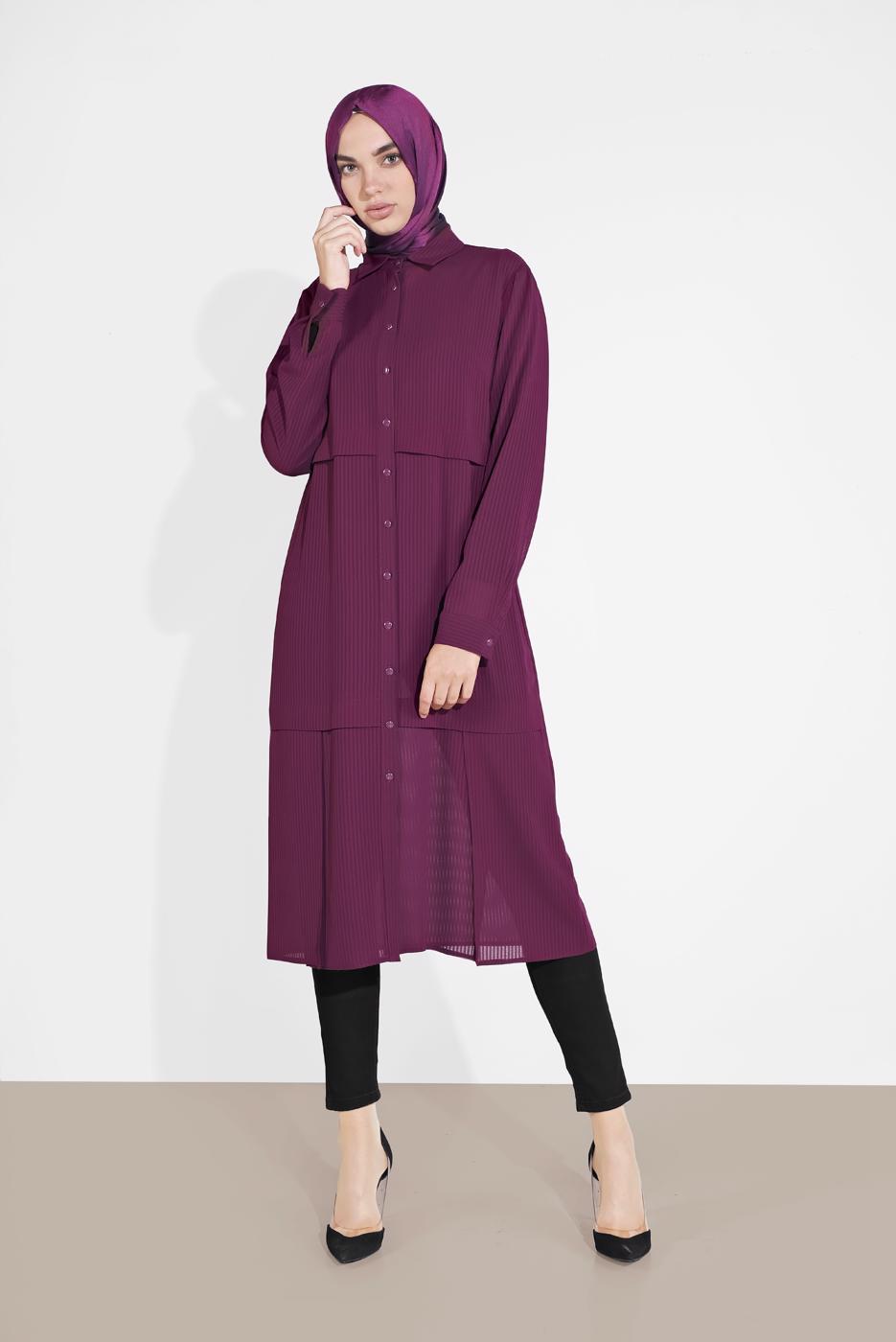 Tesettür giyim MOR BOYDAN DÜĞMELİ ŞİFON TUNİK T 4434 