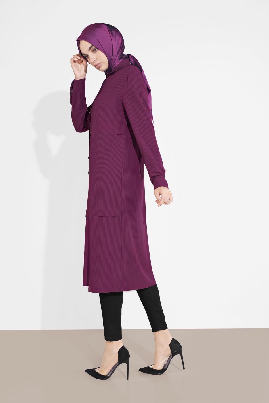 Tesettür giyim MOR BOYDAN DÜĞMELİ ŞİFON TUNİK T 4434 