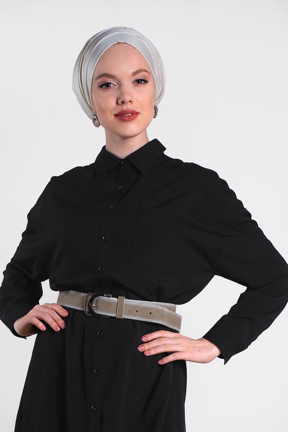 Tesettür giyim SİYAH ALVİNA DÜĞMELİ KLASİK UZUN TUNİK 4435