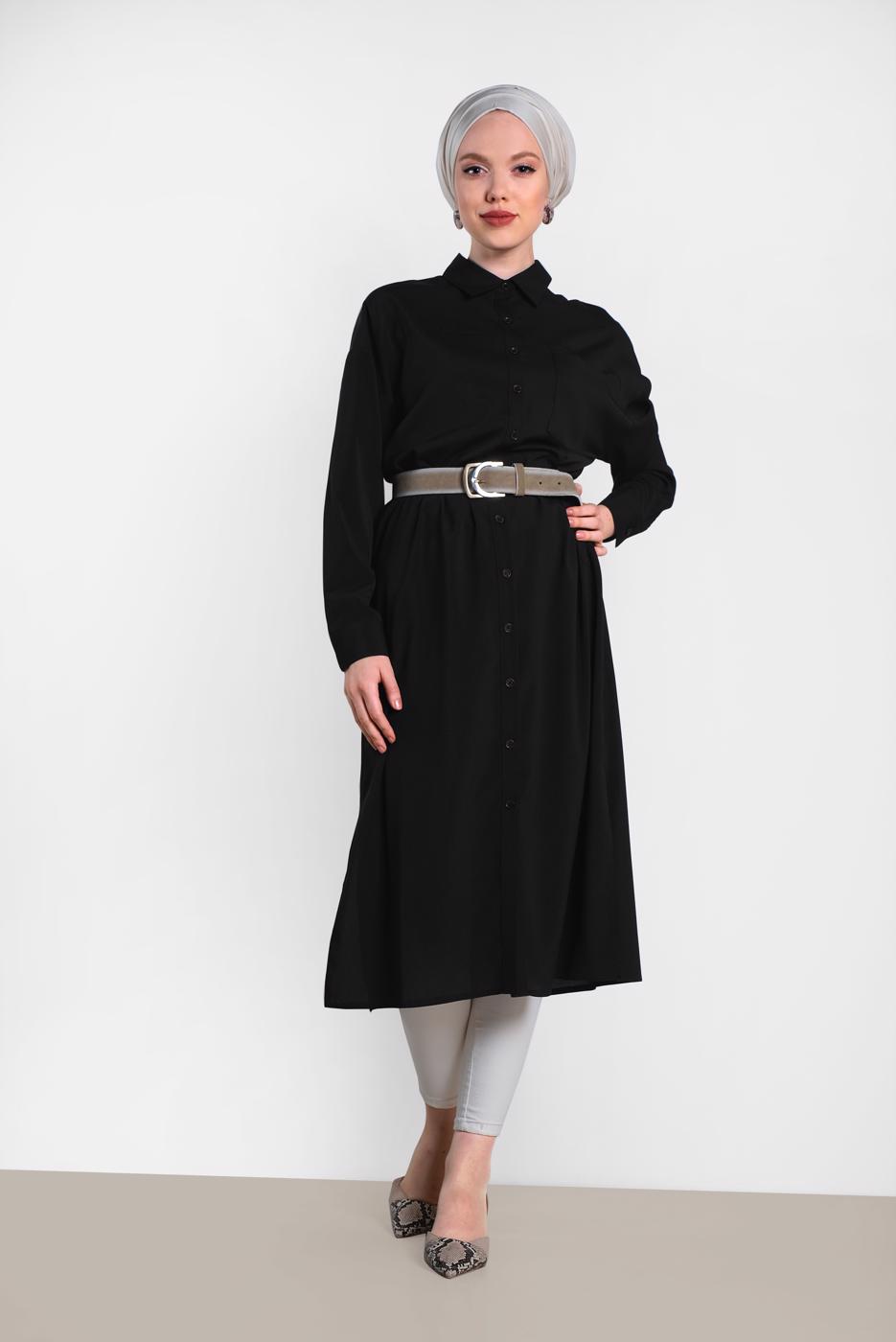 Tesettür giyim SİYAH ALVİNA DÜĞMELİ KLASİK UZUN TUNİK 4435