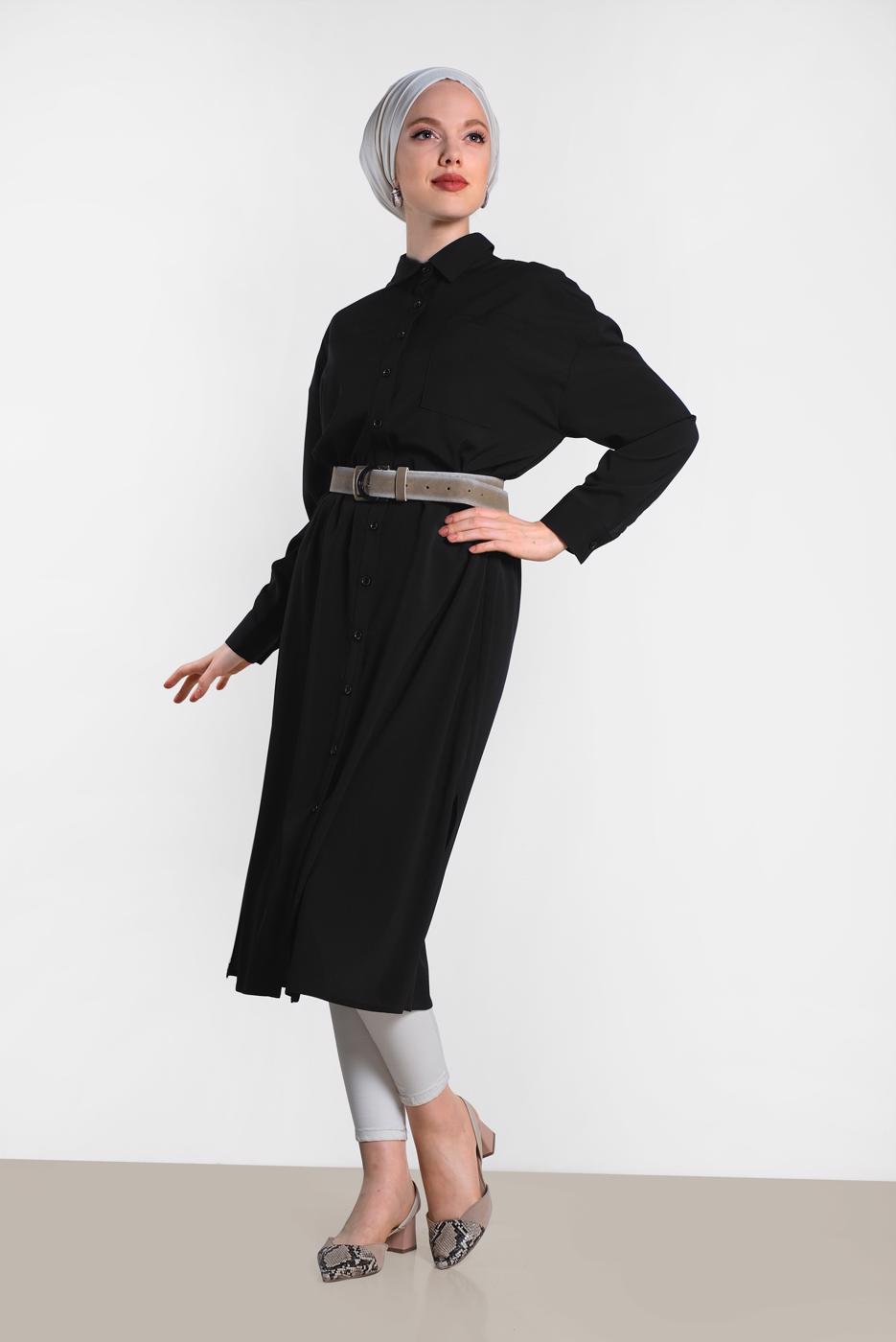 Tesettür giyim SİYAH ALVİNA DÜĞMELİ KLASİK UZUN TUNİK 4435