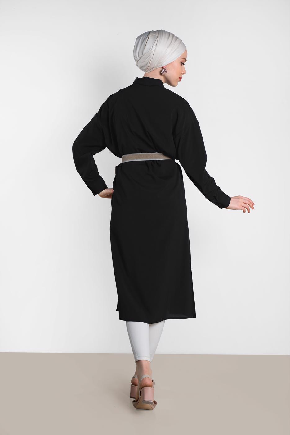 Tesettür giyim SİYAH ALVİNA DÜĞMELİ KLASİK UZUN TUNİK 4435