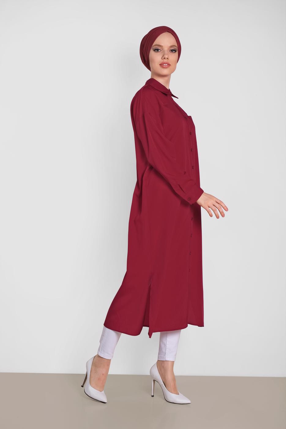Tesettür giyim BORDO ALVİNA DÜĞMELİ KLASİK UZUN TUNİK 4435