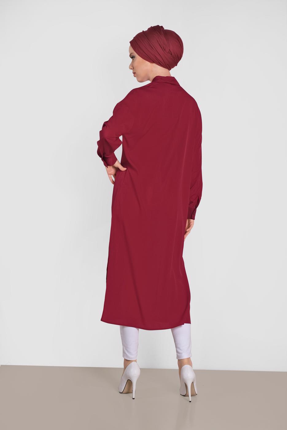 Tesettür giyim BORDO ALVİNA DÜĞMELİ KLASİK UZUN TUNİK 4435