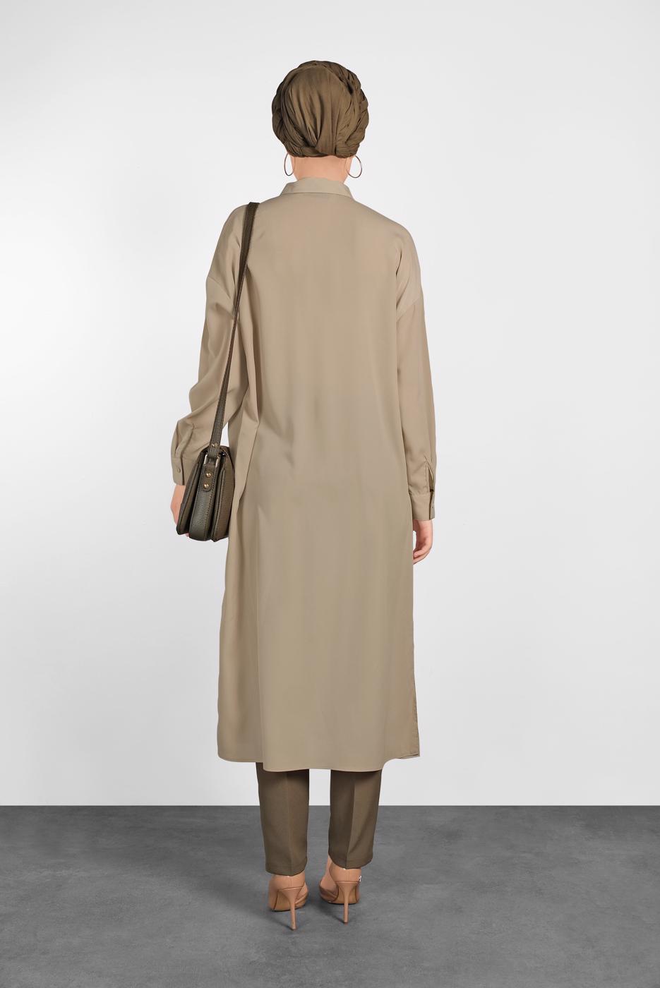 Tesettür giyim BEJ ALVİNA DÜĞMELİ KLASİK UZUN TUNİK 4435