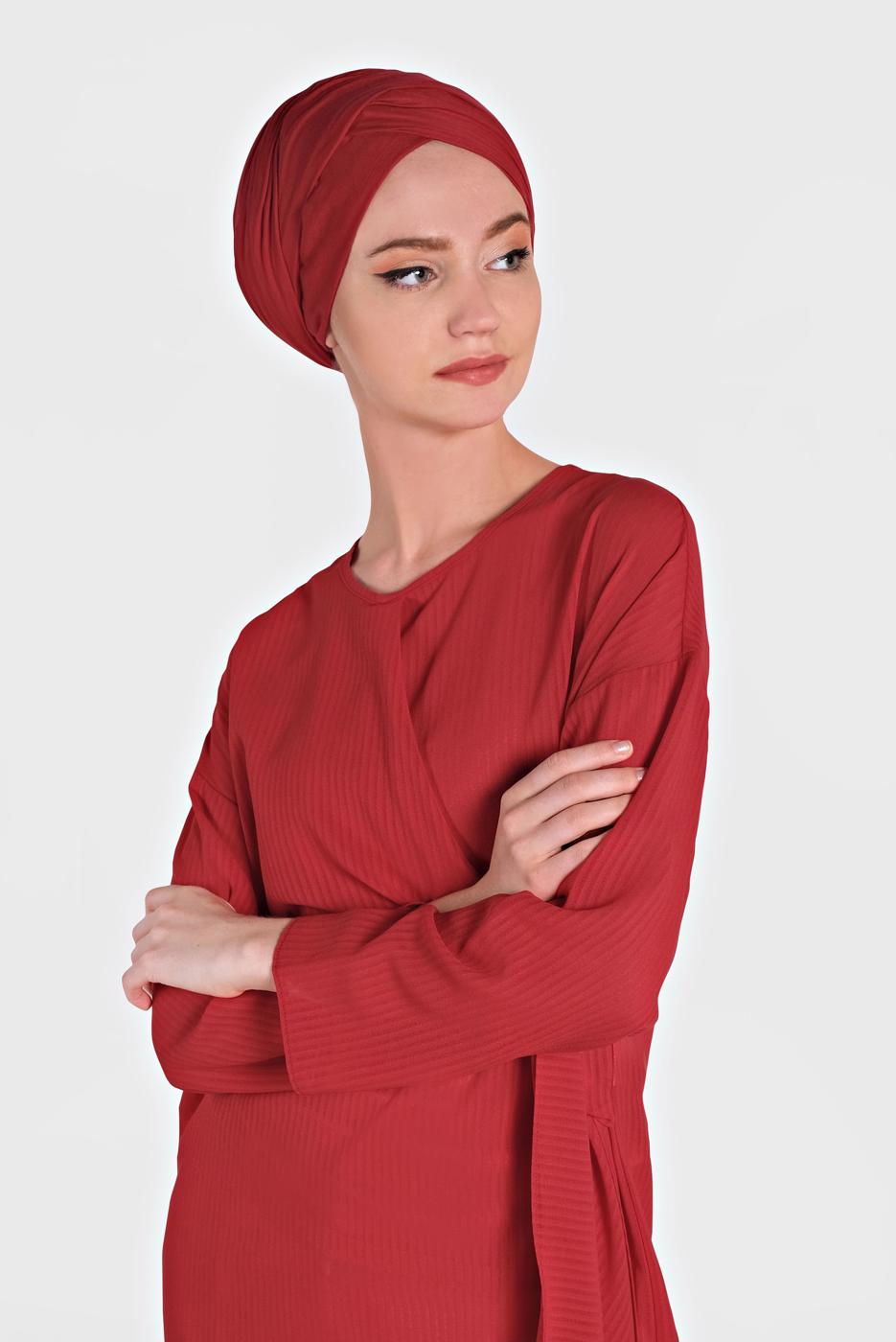 Tesettür giyim KIRMIZI ALVİNA BAĞLAMA DETAYLI TUNİK 4436