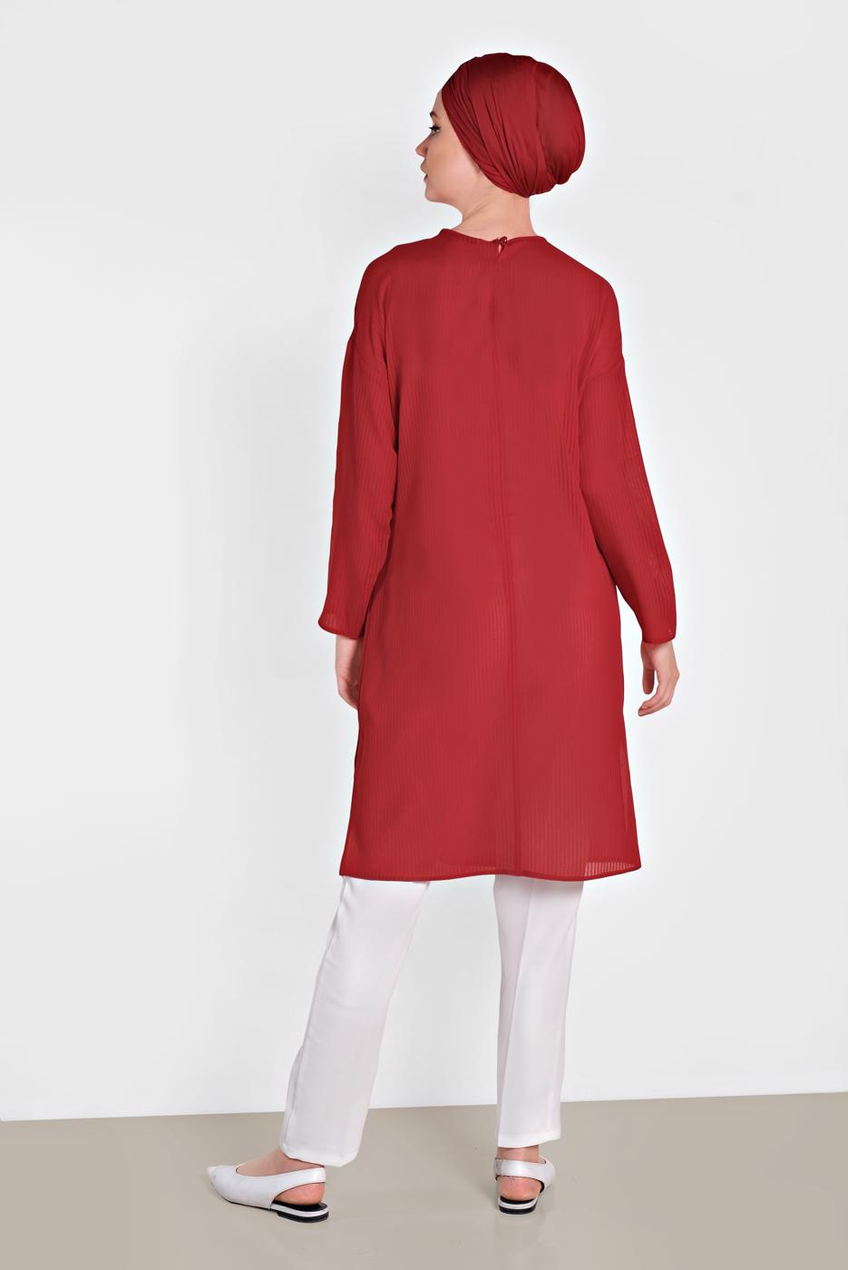 Tesettür giyim KIRMIZI ALVİNA BAĞLAMA DETAYLI TUNİK 4436