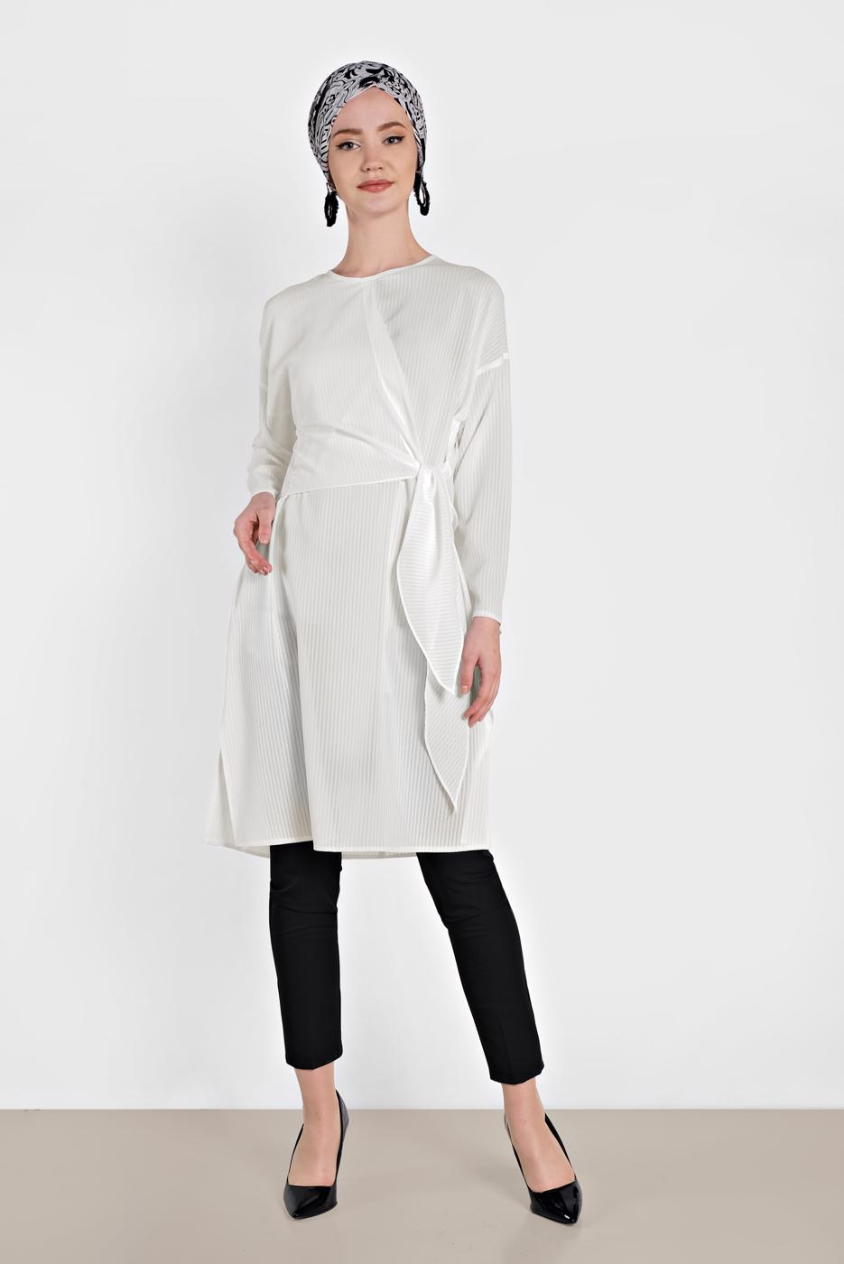 Tesettür giyim EKRU ALVİNA BAĞLAMA DETAYLI TUNİK 4436