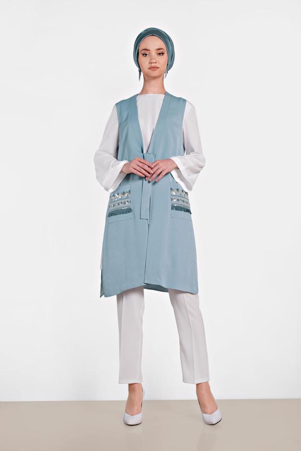 Vêtements hijab BLEU ALVINA GILET TAILLE NOUÉE & BLOUSE 4437  - TRENDTESETTÜR