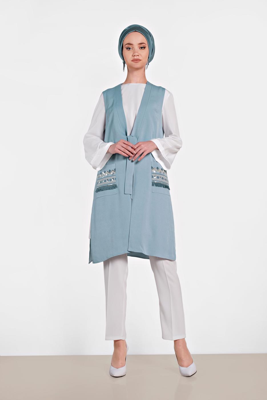 Vêtements hijab BLEU ALVINA GILET TAILLE NOUÉE & BLOUSE 4437 