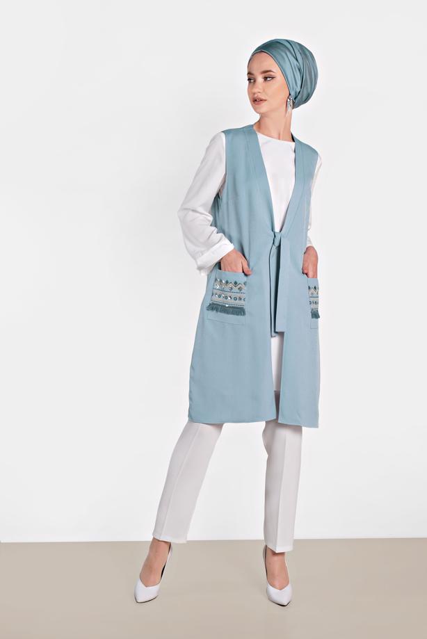 Vêtements hijab BLEU ALVINA GILET TAILLE NOUÉE & BLOUSE 4437  - TRENDTESETTÜR
