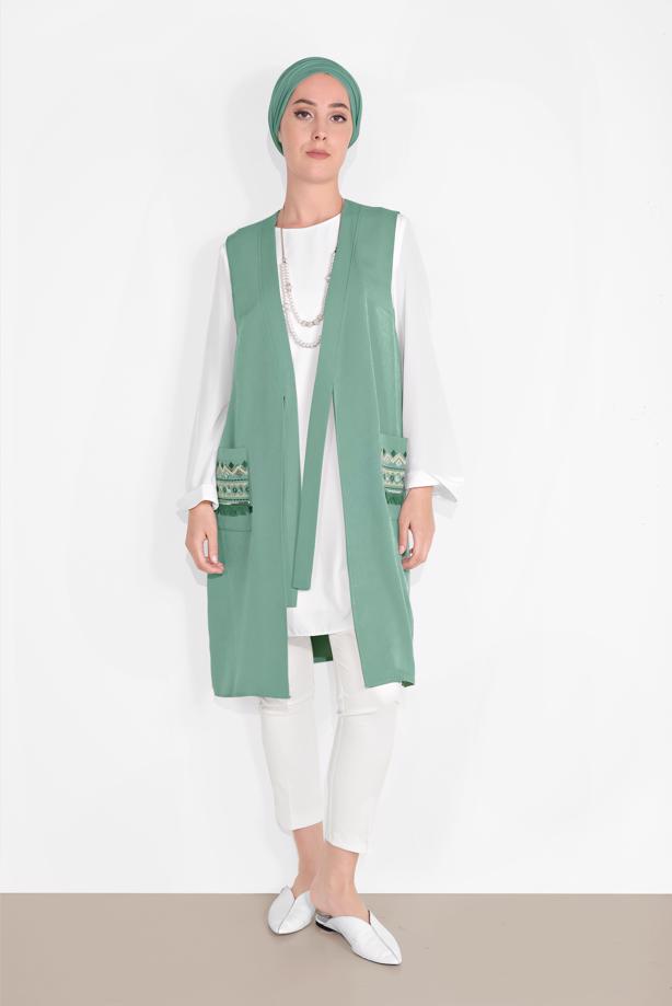 Vêtements hijab VERT ALVINA GILET TAILLE NOUÉE & BLOUSE 4437  - TRENDTESETTÜR