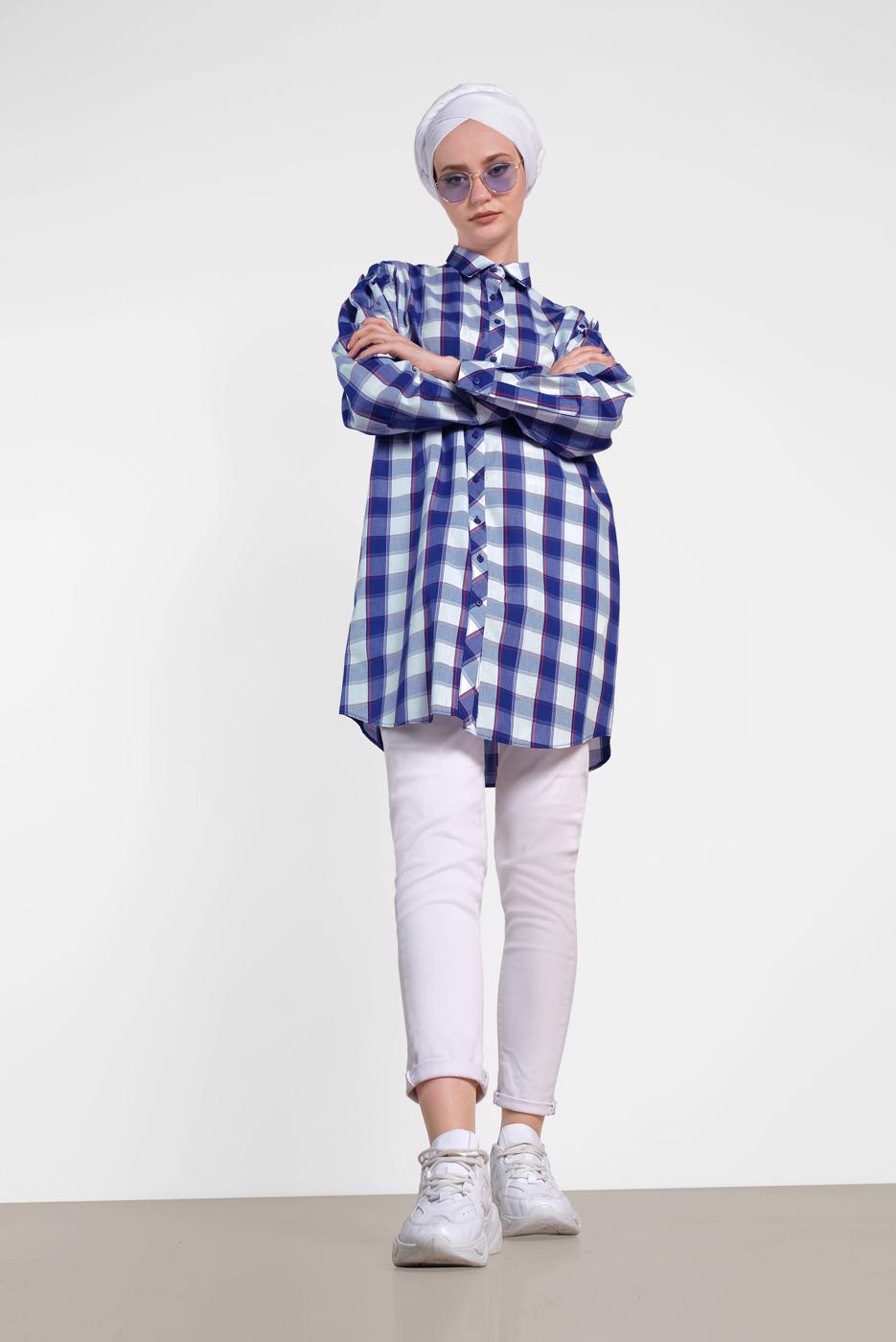 Tesettür giyim LACİVERT ALVİNA KARELİ TUNİK 4441