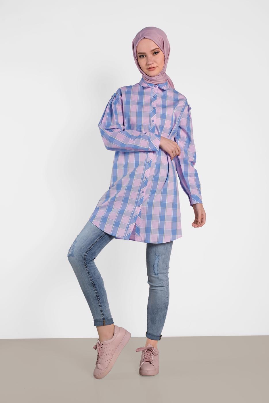 Tesettür giyim PEMBE ALVİNA KARELİ TUNİK 4441