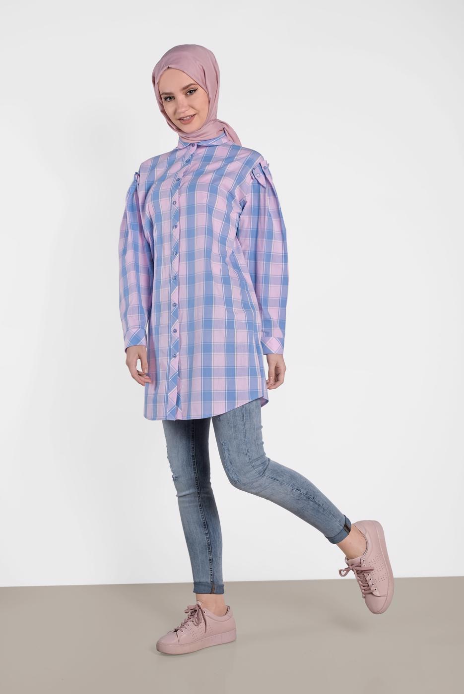 Tesettür giyim PEMBE ALVİNA KARELİ TUNİK 4441