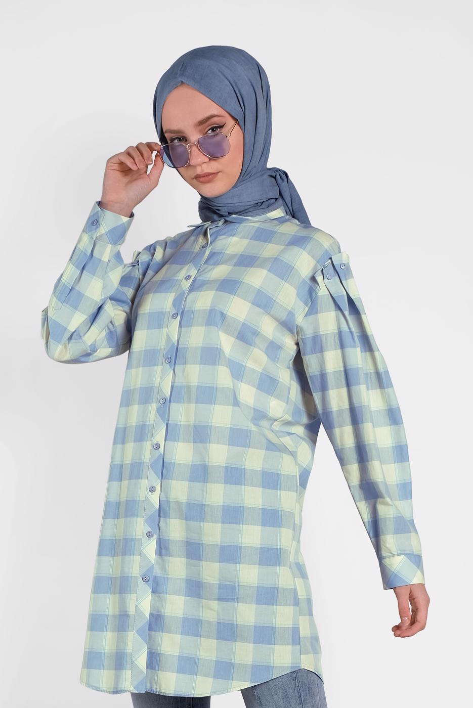 Tesettür giyim MAVİ ALVİNA KARELİ TUNİK 4441