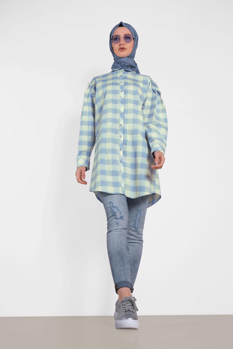 Tesettür giyim MAVİ ALVİNA KARELİ TUNİK 4441