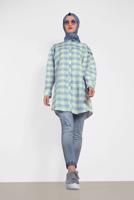 Tesettür giyim MAVİ ALVİNA KARELİ TUNİK 4441