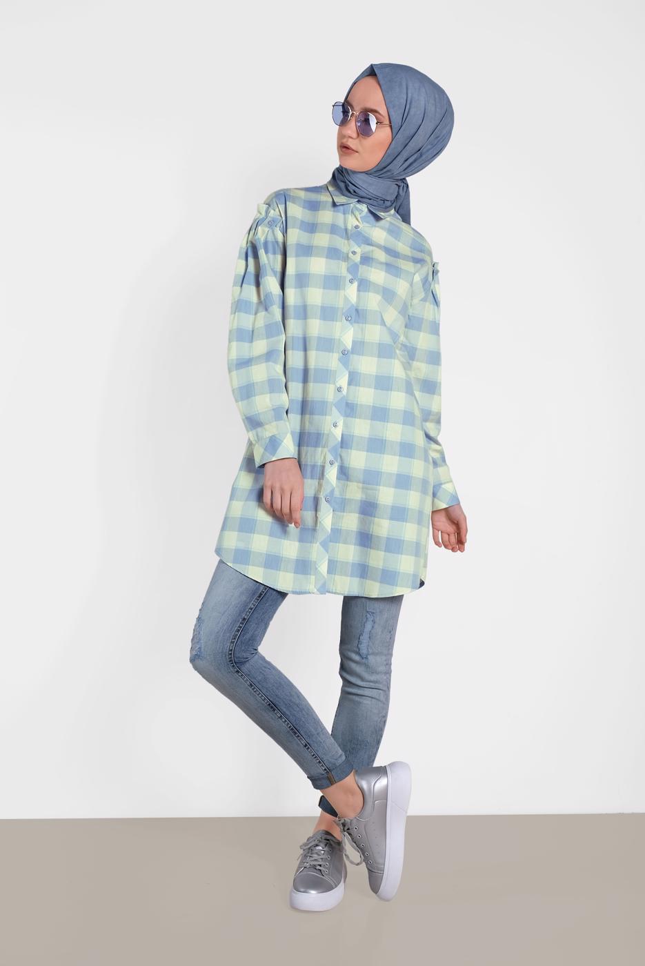 Tesettür giyim MAVİ ALVİNA KARELİ TUNİK 4441
